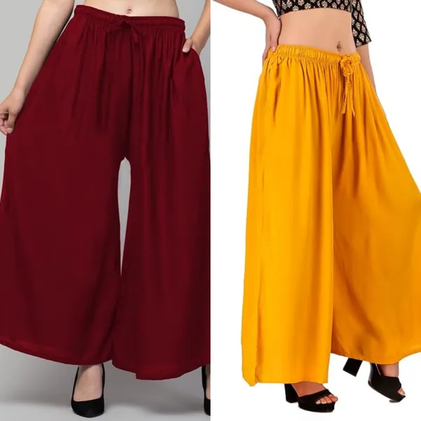 Maroon_And_Yellow_Rayon_Wide_Leg_Palazzo_Pants_For_Women