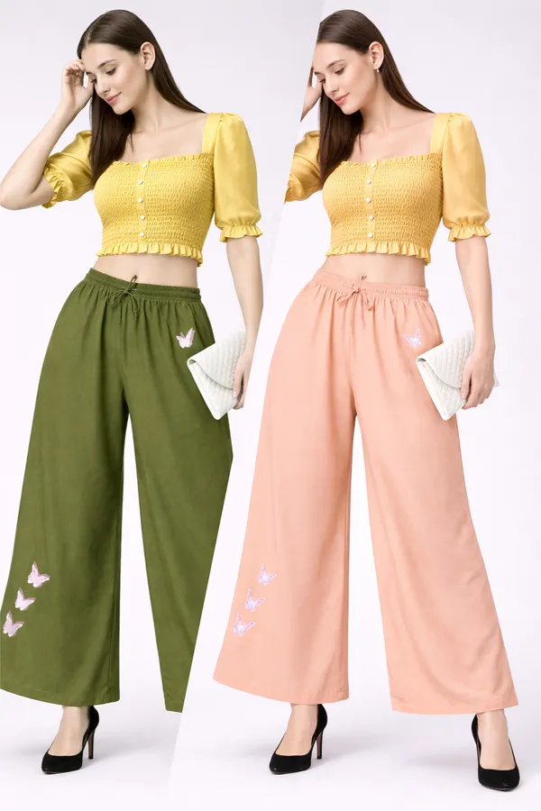 Olive_Green_Peach_Rayon_Wide_Leg_Butterfly_Print_Palazzo_Pants_For_Women
