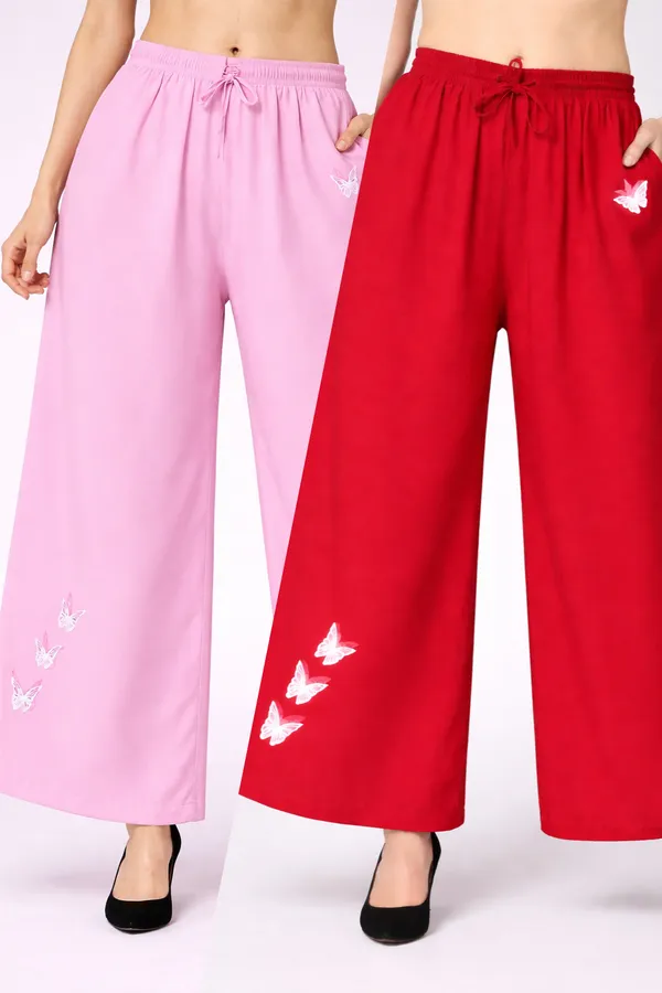 Pink_And_Red_Rayon_Wide_Leg_Butterfly_Print_Palazzo_Pants_For_Women