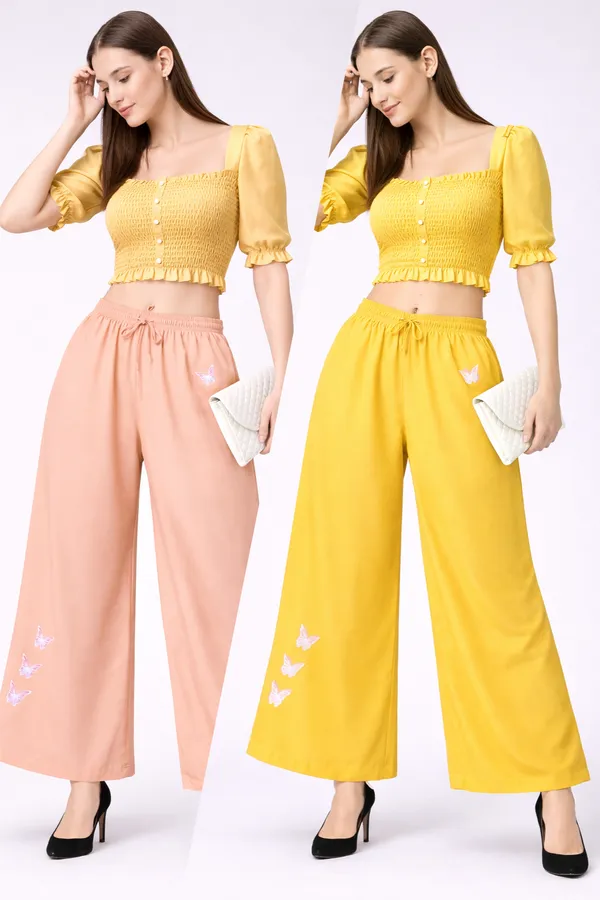 Peach_And_Yellow_Rayon_Wide_Leg_Butterfly_Print_Palazzo_Pants_Combo_For_Women