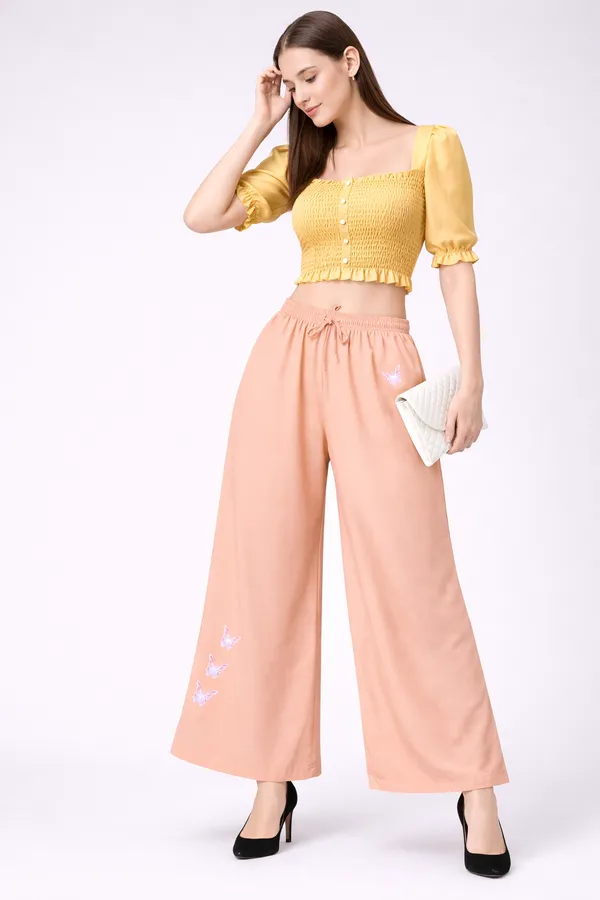 Peach_Rayon_Wide_Leg_Butterfly_Print_Palazzo_Pants_For_Women