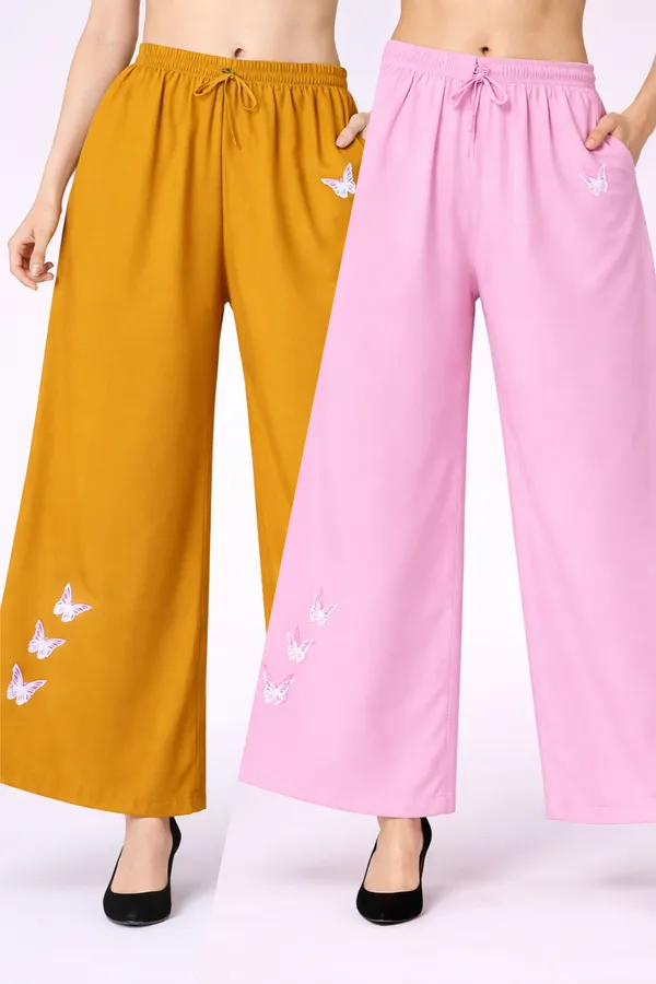 Mustard_And_Pink_Rayon_Wide_Leg_Butterfly_Print_Palazzo_Pants_For_Women