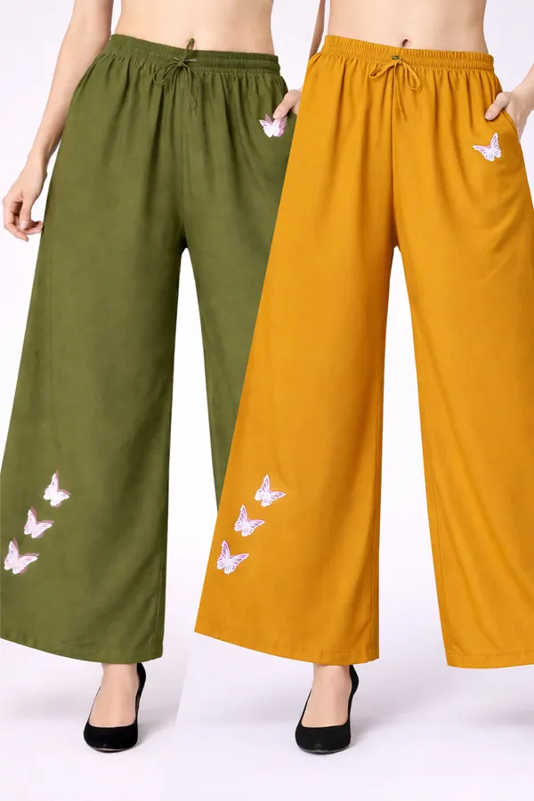 Olive_Green_Mustard_Rayon_Wide_Leg_Butterfly_Print_Palazzo_Pants_For_Women