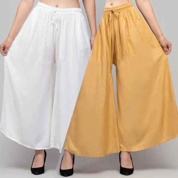 White_And_Mustard_Rayon_Wide_Leg_Palazzo_Pants_For_Women