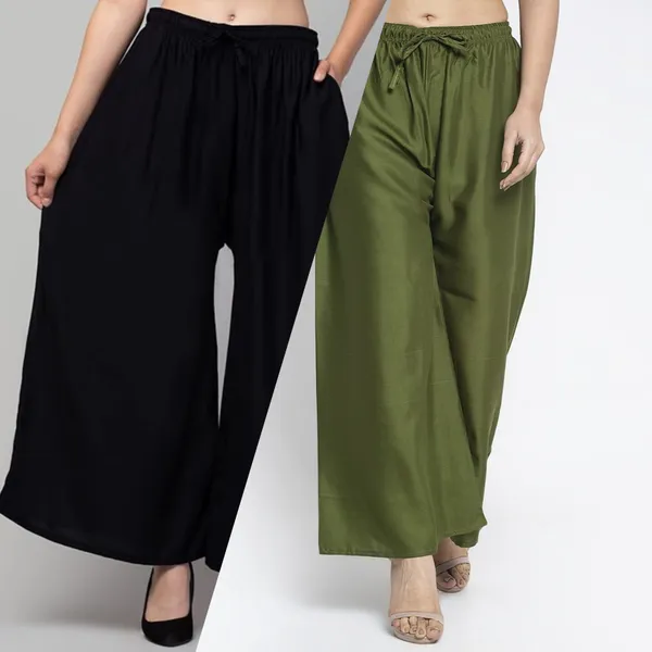 Black_And_Olive_Green_Rayon_Flared_Palazzo_Pants_For_Women