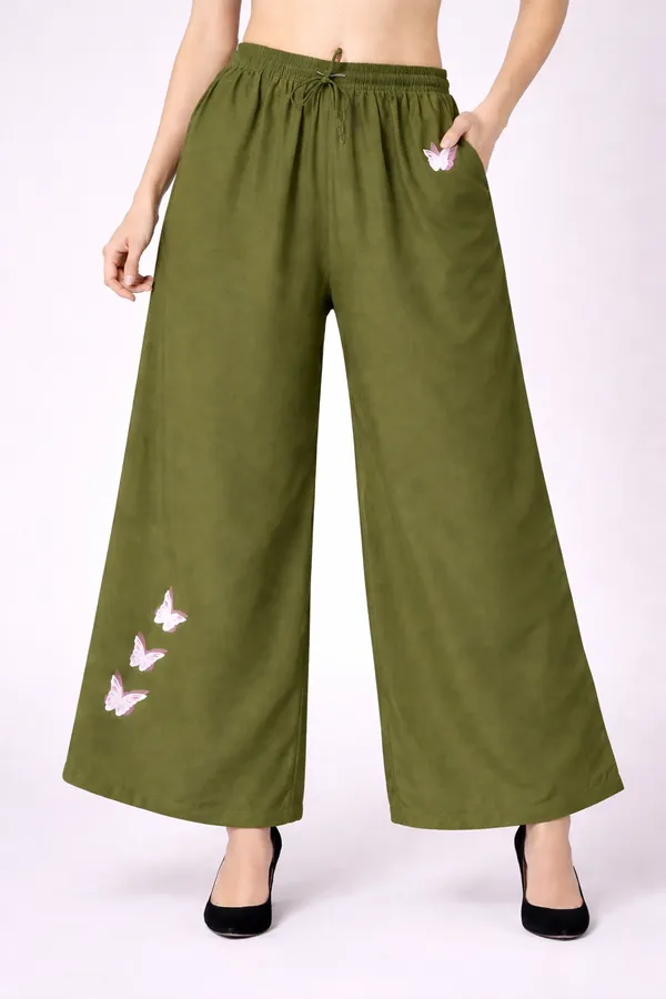 Olive_Green_Rayon_Wide_Leg_Butterfly_Embroidered_Palazzo_Pants_For_Women