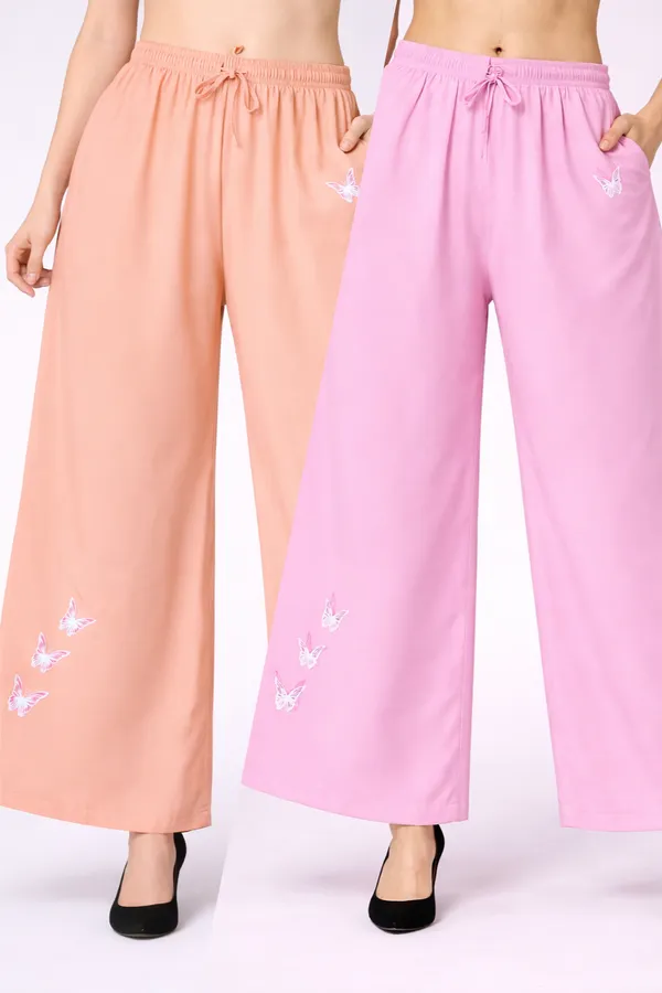 Peach_And_Pink_Rayon_Wide_Leg_Butterfly_Embroidered_Palazzo_Pants_For_Women