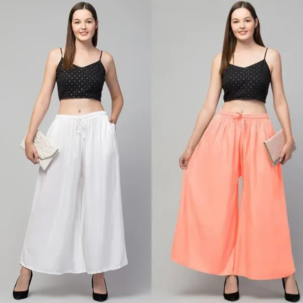 White_And_Peach_Rayon_Wide_Leg_Flared_Palazzo_Pants_For_Women
