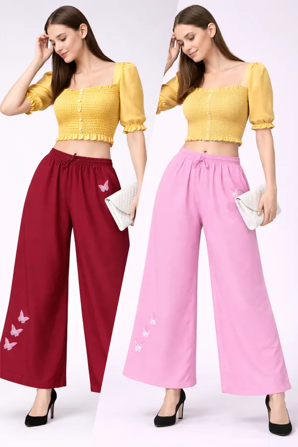 Maroon_And_Pink_Rayon_Wide_Leg_Butterfly_Print_Palazzo_Pants_Combo_For_Women