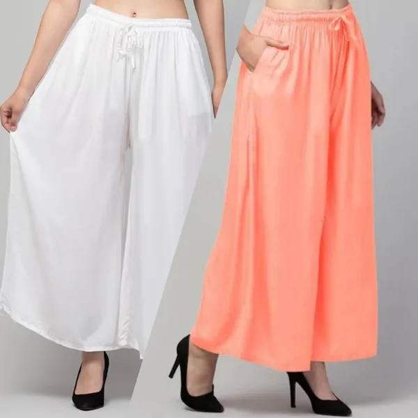 White_And_Peach_Rayon_Wide_Leg_Flared_Palazzo_Pants_For_Women