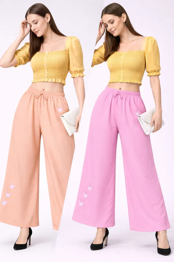 Peach_And_Pink_Rayon_Wide_Leg_Butterfly_Embroidered_Palazzo_Pants_For_Women