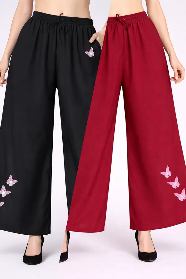Black_Maroon_Rayon_Wide_Leg_Butterfly_Print_Palazzo_Pants_For_Women