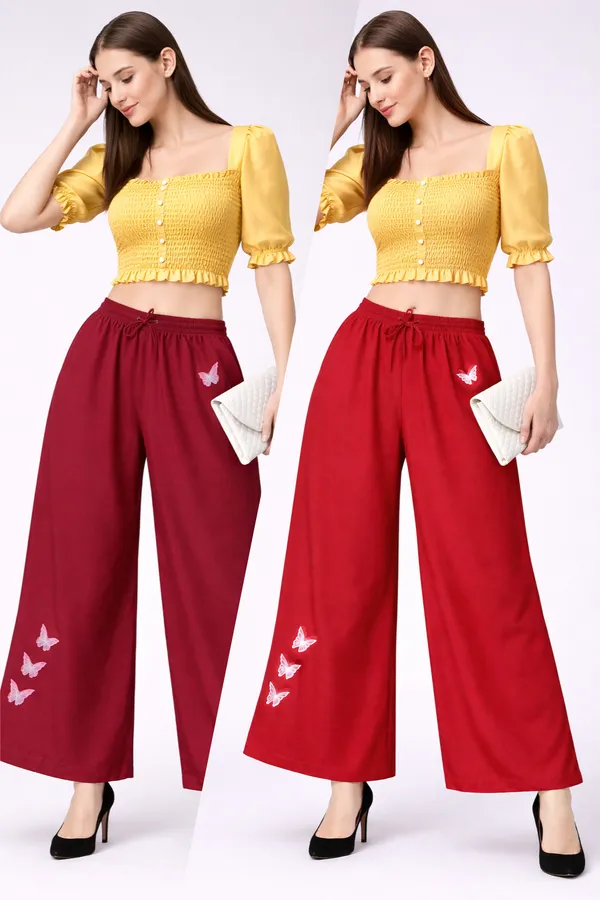 Maroon_Red_Rayon_Wide_Leg_Butterfly_Print_Palazzo_Pants_For_Women
