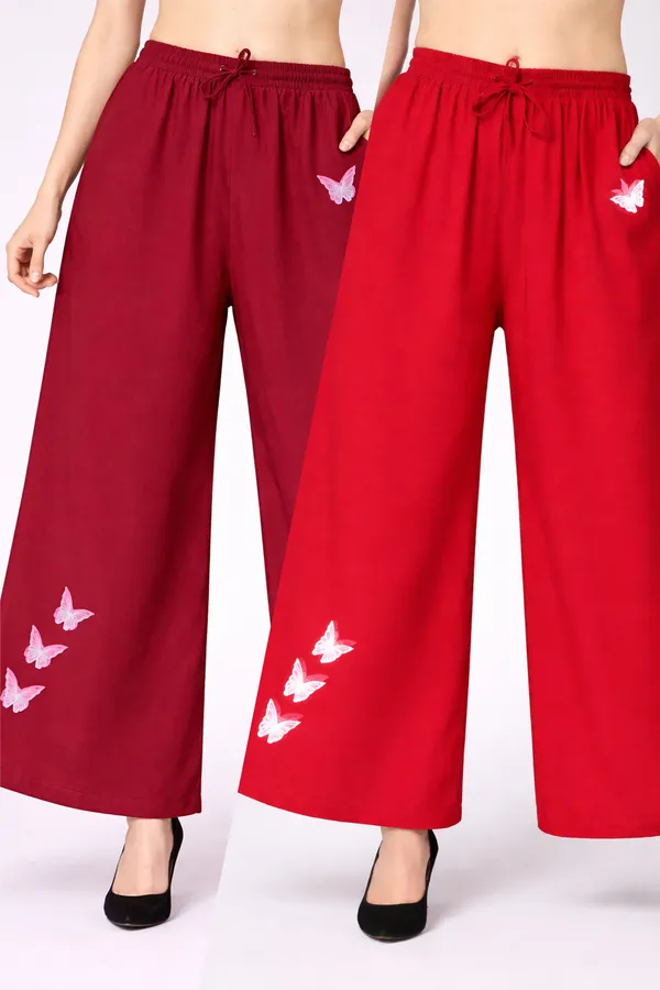 Maroon_Red_Rayon_Wide_Leg_Butterfly_Print_Palazzo_Pants_For_Women