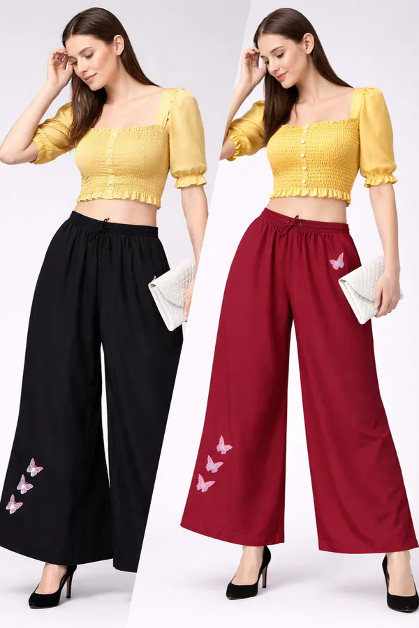 Black_Maroon_Rayon_Wide_Leg_Butterfly_Print_Palazzo_Pants_For_Women