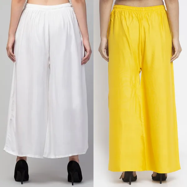 White_And_Yellow_Rayon_Wide_Leg_Palazzo_Pants_For_Women