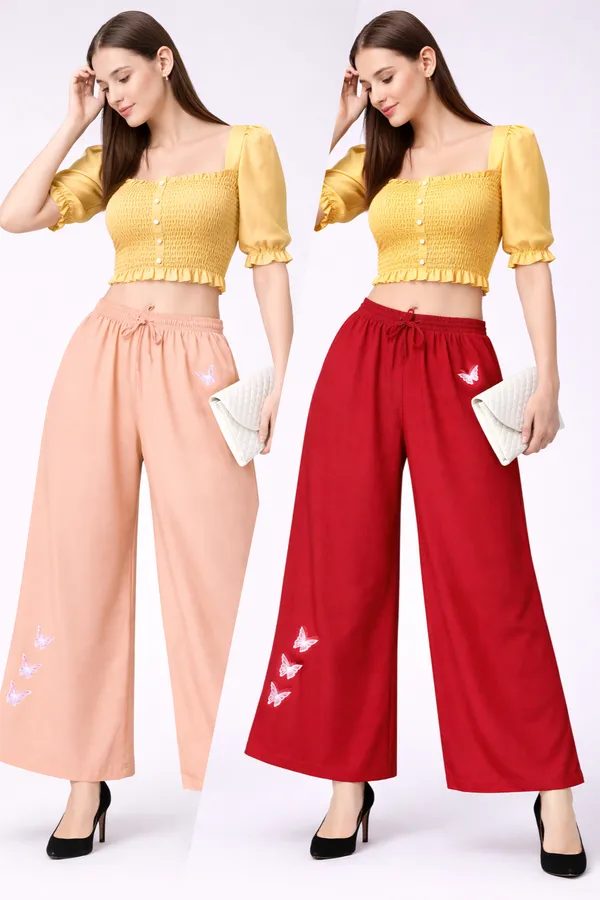 Peach_And_Red_Rayon_Wide_Leg_Butterfly_Print_Palazzo_Pants_Combo_For_Women