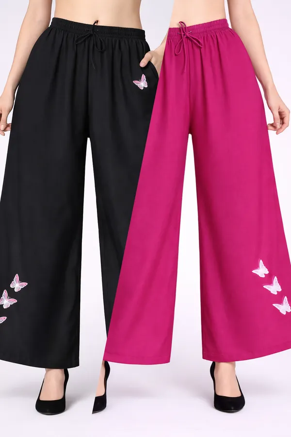 Black_Pink_Rayon_Wide_Leg_Butterfly_Print_Palazzo_Pants_For_Women
