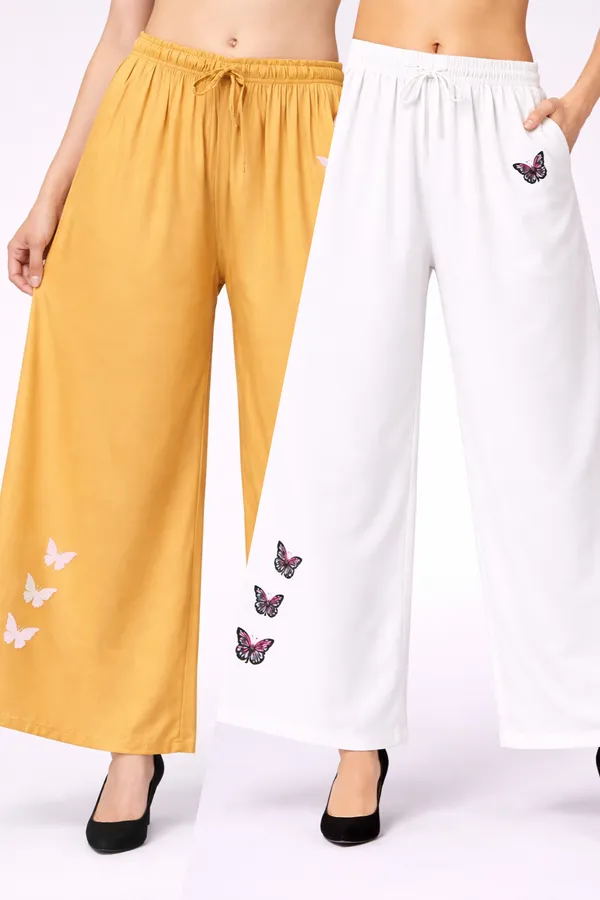 Beige_White_Rayon_Smocked_Crop_Top_Butterfly_Print_Palazzo_Set_For_Women