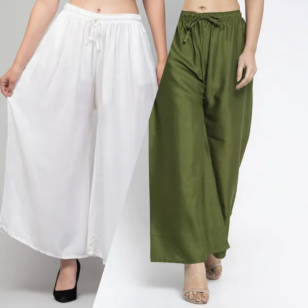 White_And_Olive_Green_Rayon_Flared_Palazzo_Pants_For_Women