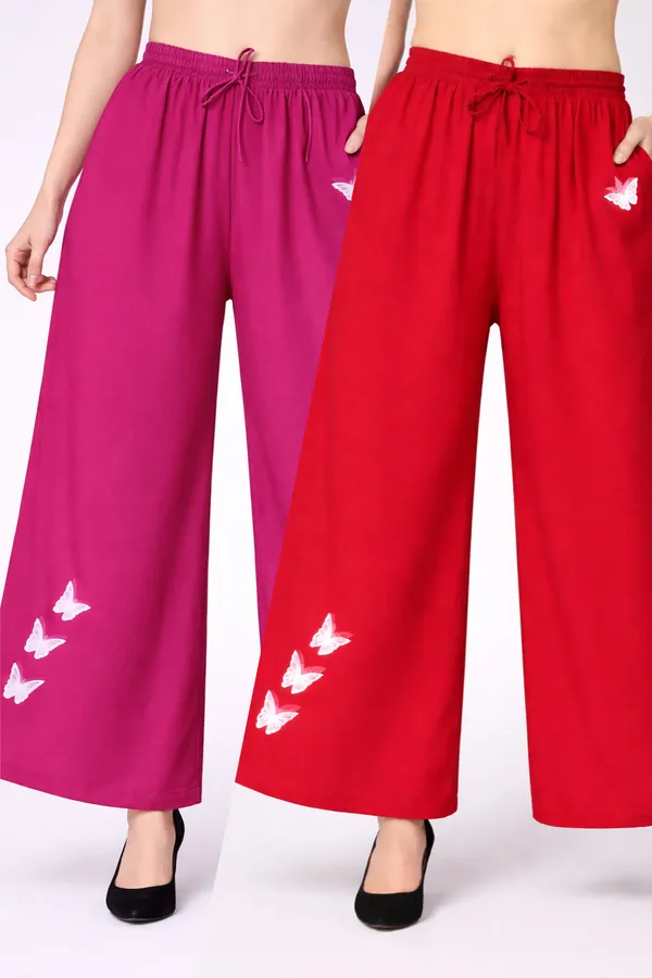 Pink_Red_Rayon_Wide_Leg_Butterfly_Print_Palazzo_Pants_For_Women