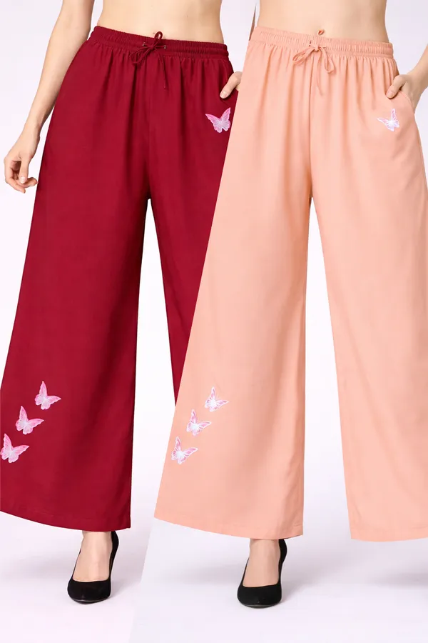 Maroon_Peach_Rayon_Wide_Leg_Butterfly_Print_Palazzo_Pants_For_Women