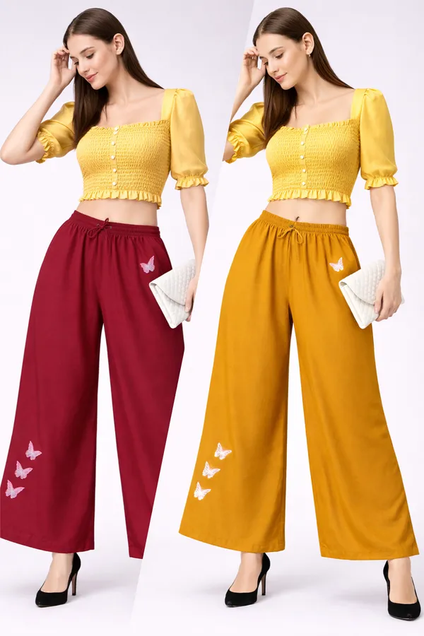 Maroon_And_Mustard_Rayon_Wide_Leg_Butterfly_Print_Palazzo_Pants_Combo_For_Women