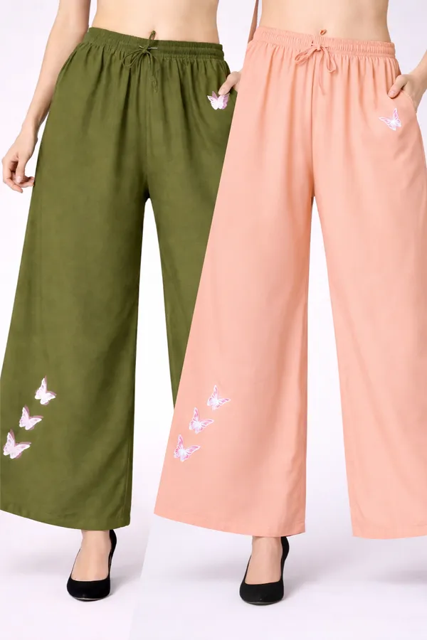 Olive_Green_Peach_Rayon_Wide_Leg_Butterfly_Print_Palazzo_Pants_For_Women