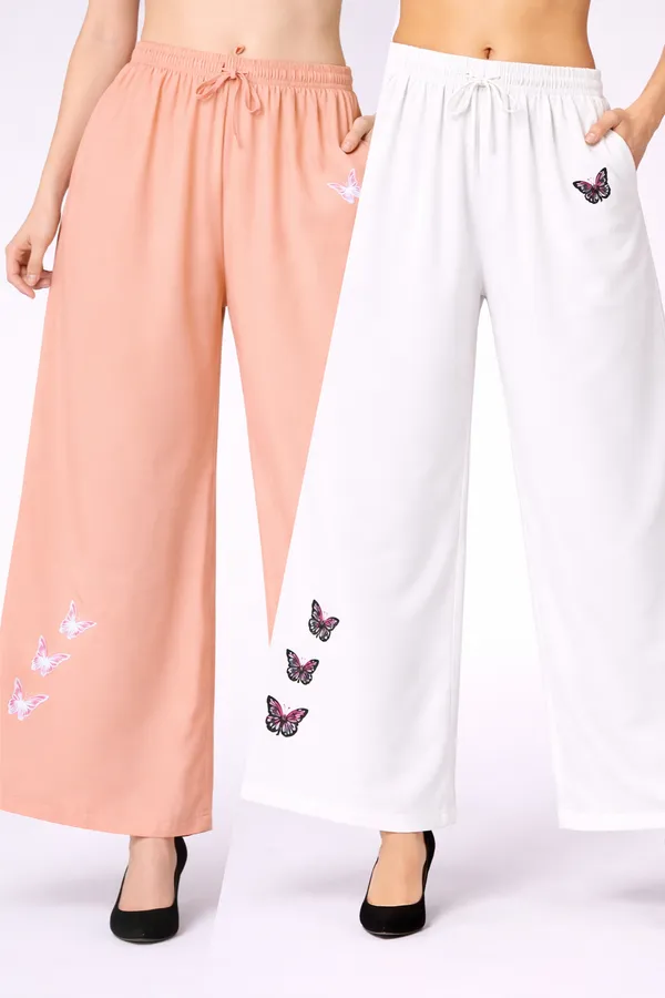 Peach_And_White_Rayon_Wide_Leg_Butterfly_Print_Palazzo_Pants_For_Women