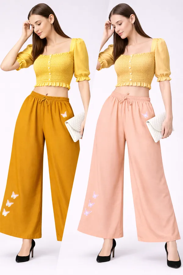 Mustard_And_Peach_Rayon_Wide_Leg_Butterfly_Print_Palazzo_Pants_Combo_For_Women