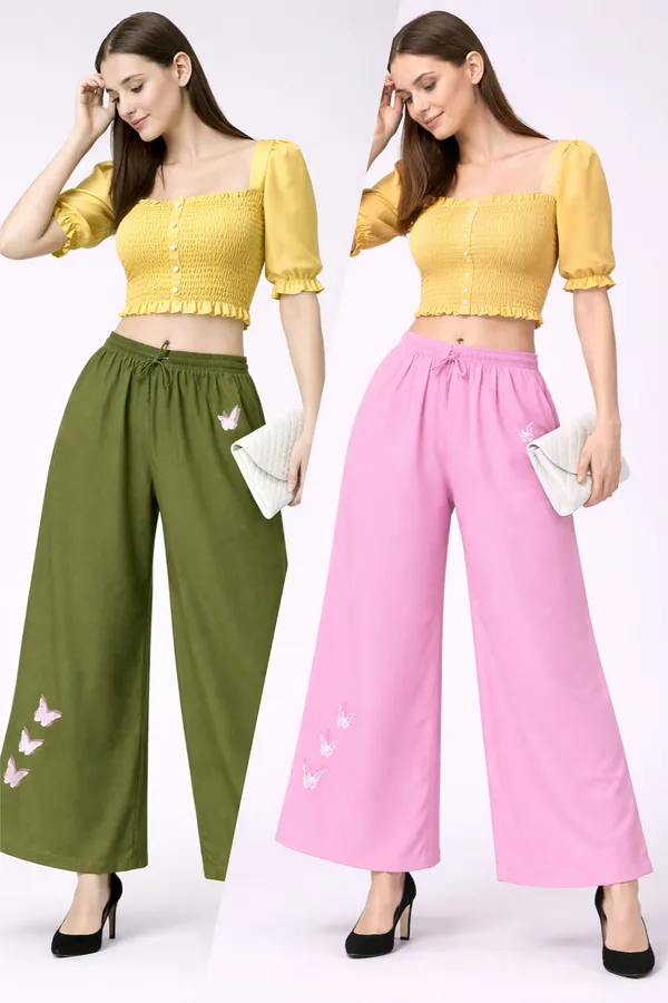 Olive_Green_Pink_Rayon_Wide_Leg_Butterfly_Print_Palazzo_Pants_For_Women