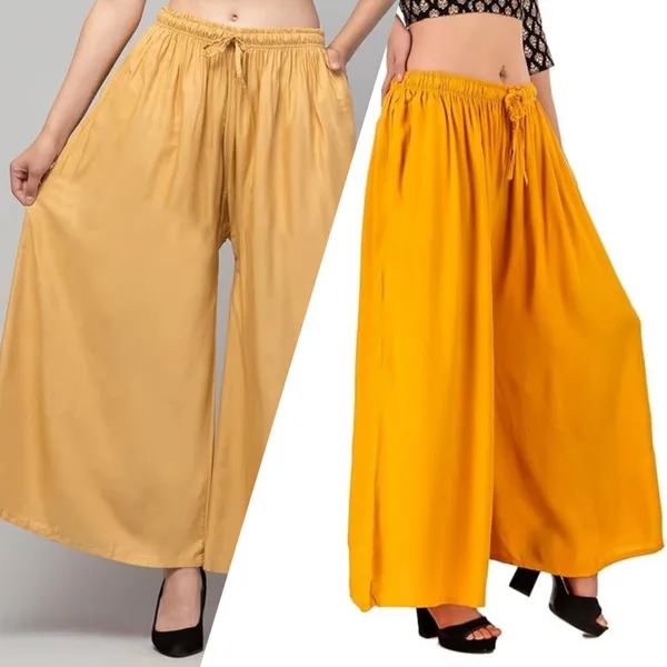 Beige_And_Mustard_Rayon_Wide_Leg_Flared_Palazzo_Pants_For_Women