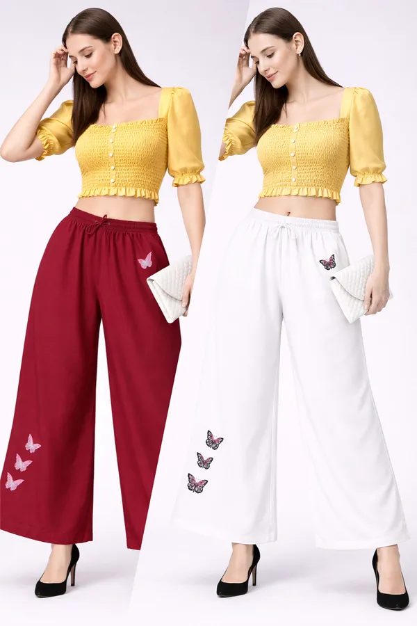 Maroon_And_White_Rayon_Wide_Leg_Butterfly_Print_Palazzo_Pants_Combo_For_Women