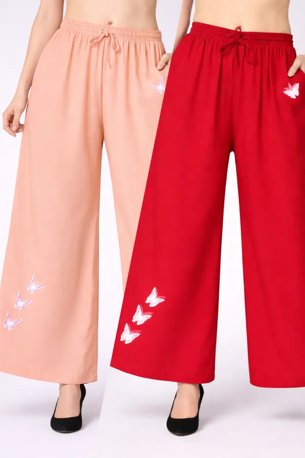 Peach_And_Red_Rayon_Wide_Leg_Butterfly_Print_Palazzo_Pants_Combo_For_Women
