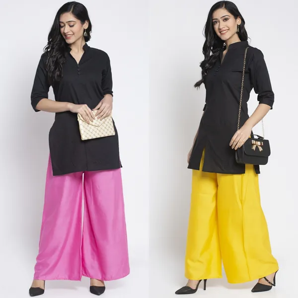 Pink_And_Yellow_Rayon_Wide_Leg_Kurti_Palazzo_Set_For_Women