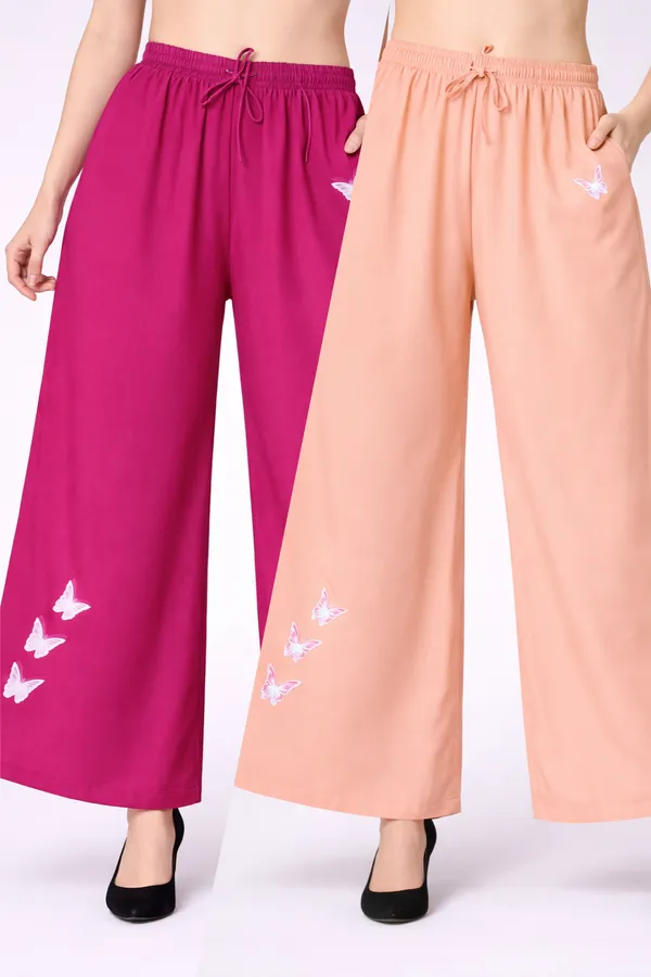 Pink_Peach_Rayon_Wide_Leg_Butterfly_Print_Palazzo_Pants_For_Women