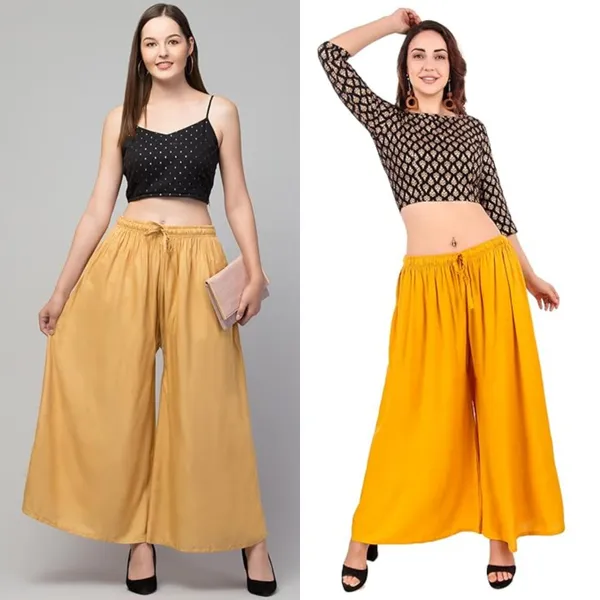 Beige_And_Mustard_Rayon_Wide_Leg_Flared_Palazzo_Pants_For_Women