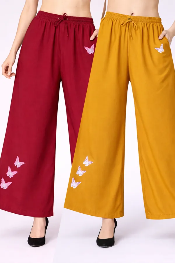 Maroon_And_Mustard_Rayon_Wide_Leg_Butterfly_Print_Palazzo_Pants_Combo_For_Women