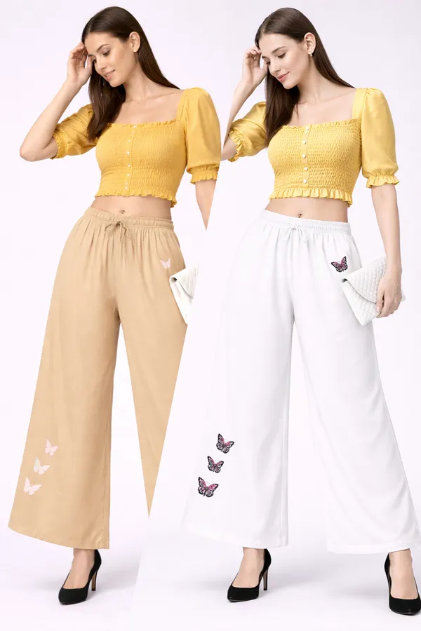 Beige_White_Rayon_Smocked_Crop_Top_Butterfly_Print_Palazzo_Set_For_Women