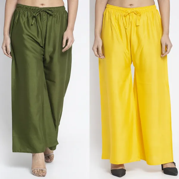 Olive_Green_And_Yellow_Rayon_Wide_Leg_Palazzo_Pants_For_Women