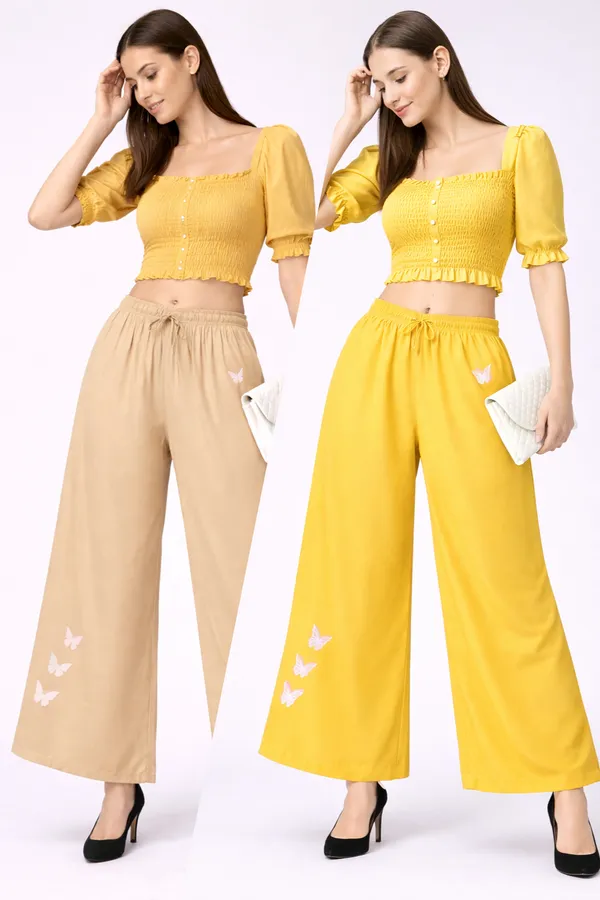 Yellow_Beige_Rayon_Smocked_Crop_Top_Butterfly_Print_Palazzo_Co_Ord_Set_For_Women