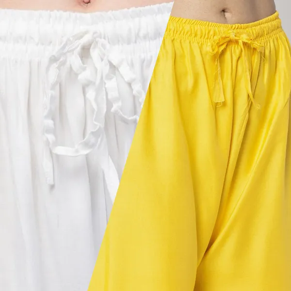 White_And_Yellow_Rayon_Wide_Leg_Palazzo_Pants_For_Women