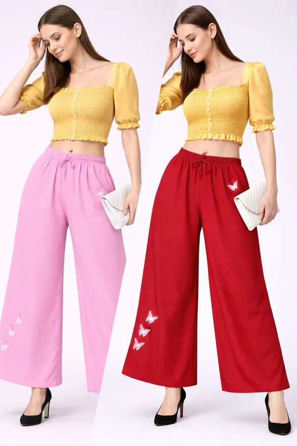 Pink_And_Red_Rayon_Wide_Leg_Butterfly_Print_Palazzo_Pants_For_Women