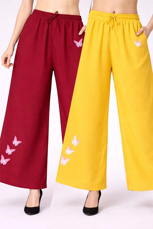 Maroon_Yellow_Rayon_Wide_Leg_Butterfly_Print_Palazzo_Pants_For_Women