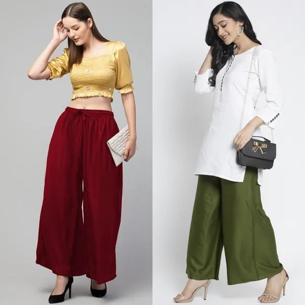 Maroon_And_Olive_Green_Rayon_Wide_Leg_Palazzo_Pants_For_Women