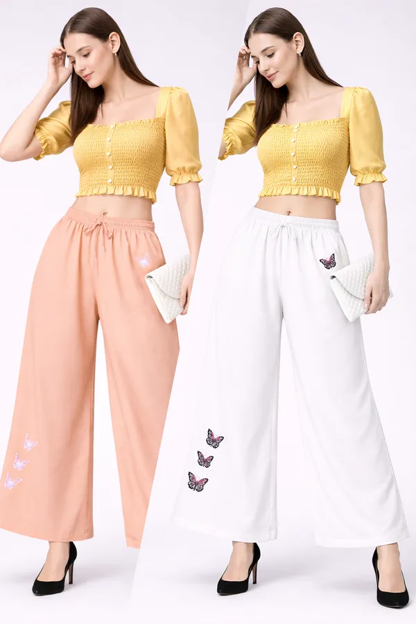 Peach_And_White_Rayon_Wide_Leg_Butterfly_Print_Palazzo_Pants_For_Women