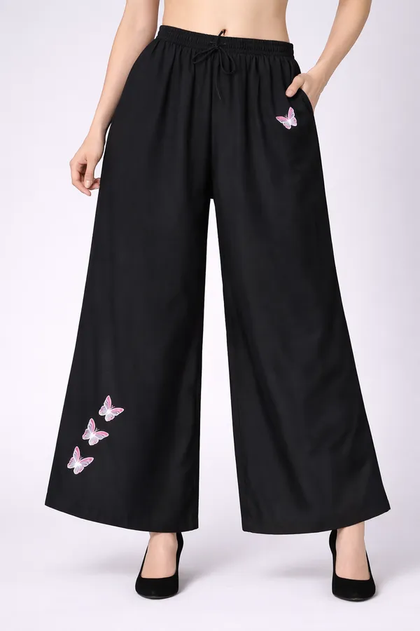 Black_Rayon_Wide_Leg_Butterfly_Embroidered_Palazzo_Pants_For_Women