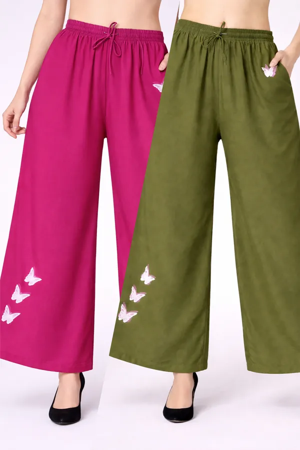 Pink_Olive_Green_Rayon_Relaxed_Butterfly_Print_Palazzo_Pants_For_Women