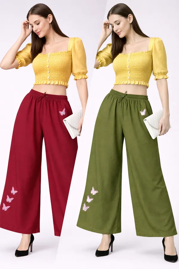 Maroon_And_Olive_Green_Rayon_Wide_Leg_Butterfly_Print_Palazzo_Pants_Combo_For_Women