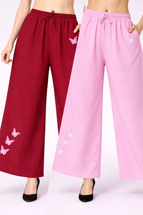 Maroon_And_Pink_Rayon_Wide_Leg_Butterfly_Print_Palazzo_Pants_Combo_For_Women